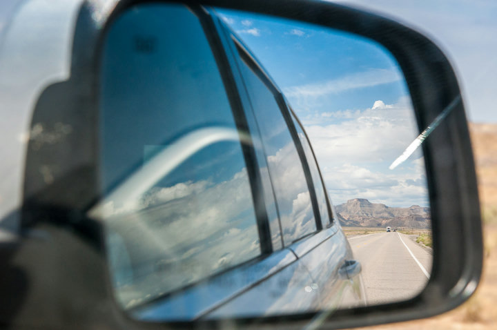 View in rear-view mirror, showing Utah Highway